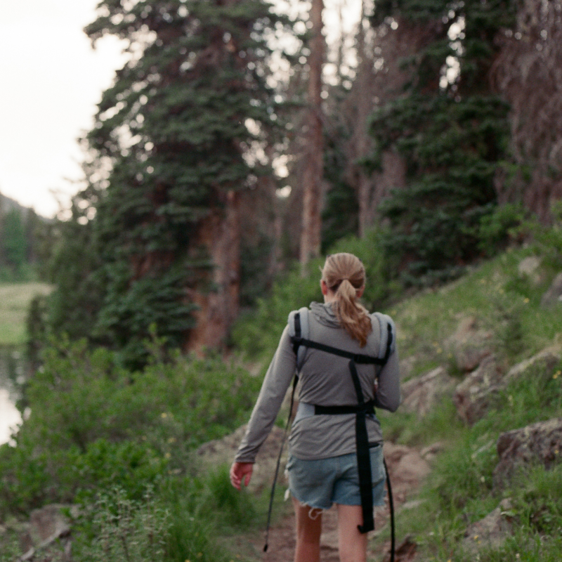 Woman hiking near a lake, surrounded by green grass and pine trees. Photo taken from the back.